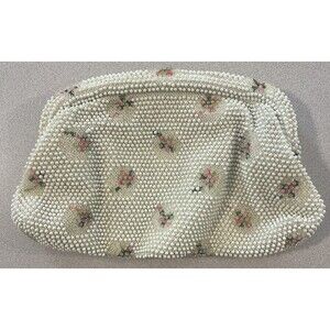 Corde Bead Lumured Ivory Floral Beaded Vintage Evening Bag Clutch Purse